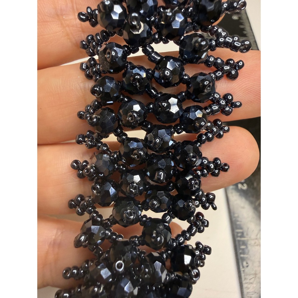 Handmade Black Beaded Cuff Bracelet Wide Woven Seed Bead Statement Jewelry 7in